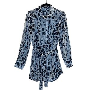 Bebe Leopard Print Chiffon Button Down Shirt Dress Belted Tunic Medium